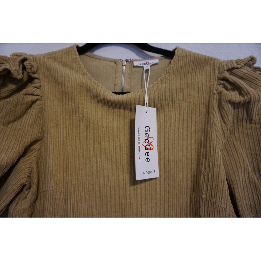 GeeGee Corduroy Ruffle Puff Sleeve Mini Dress Mustard Tan Small MD50773 - Picture 5 of 9